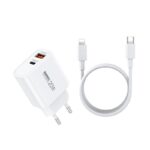 Baltas įkroviklis Remax RP-U120 20W su USB-C ir USB-A prievadais bei USB-C į Lightning kabeliu
