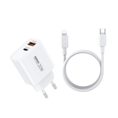 Baltas įkroviklis Remax RP-U120 20W su USB-C ir USB-A prievadais bei USB-C į Lightning kabeliu