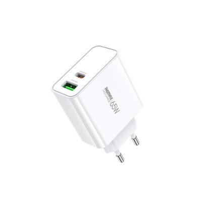 Baltas įkroviklis Remax RP-U125 65W GaN USB-C / USB-A su dviem jungtimis, matomi USB-C ir USB-A lizdai.