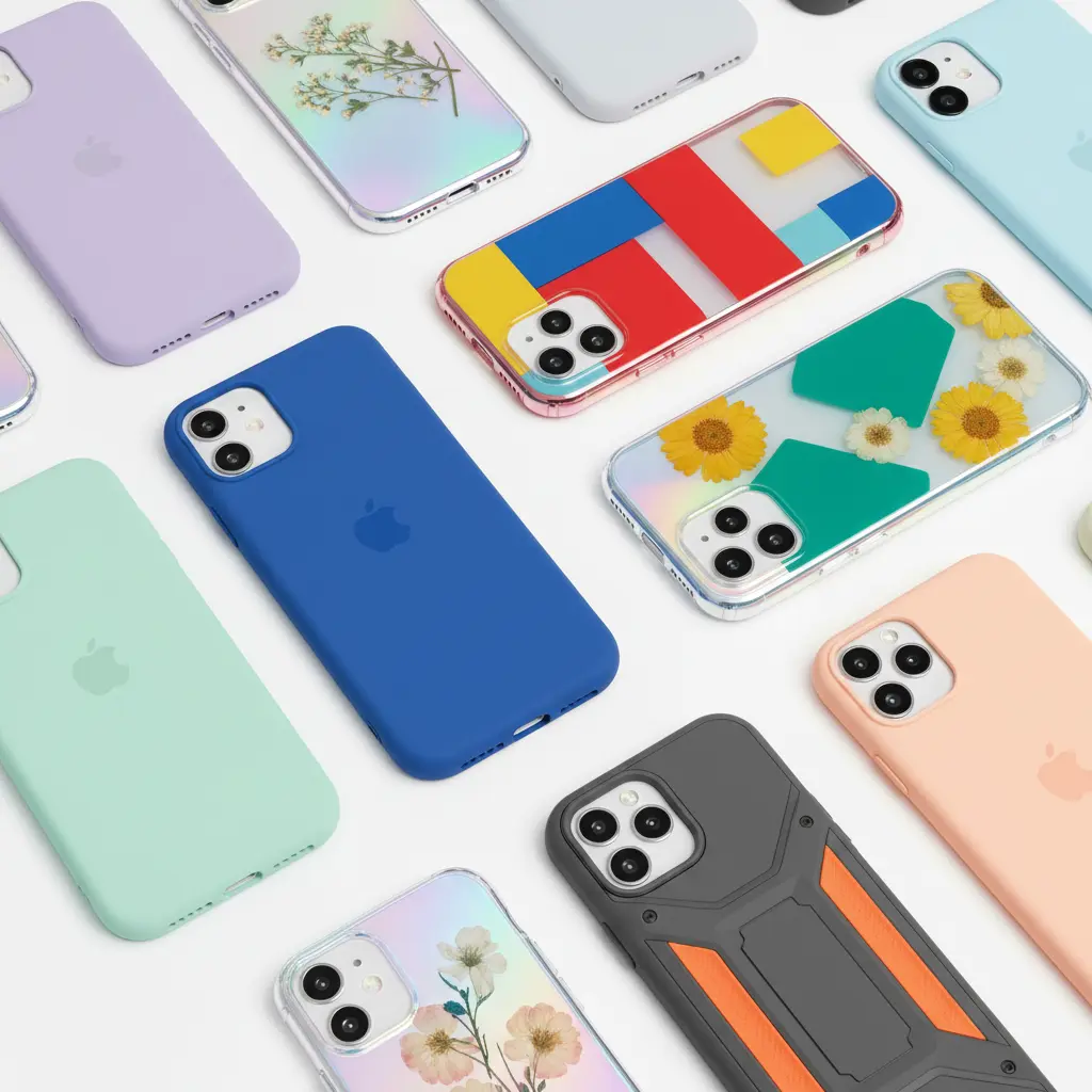 Spalvingi modernūs iPhone dėklai ant balto fono