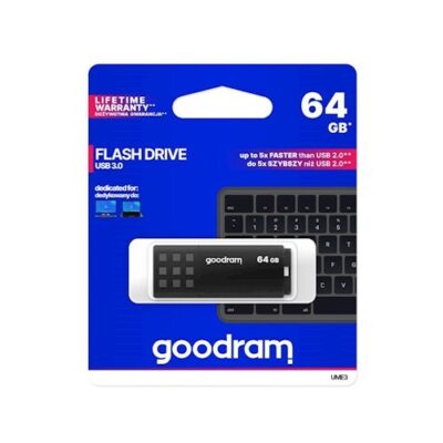 Juoda atmintinė Goodram UME3 64GB USB 3.0 originalioje mėlynoje pakuotėje su USB jungtimi