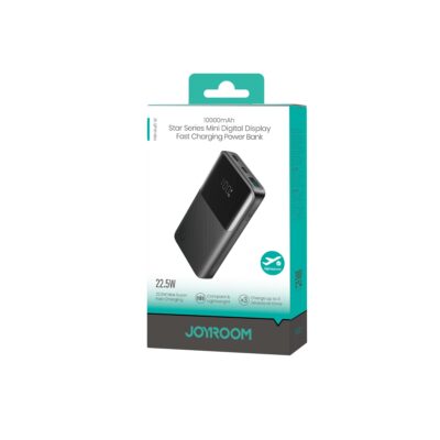 Juoda isorine baterija Power Bank Joyroom JR-QP191 Mini su skaitmeniniu rodmeniu, pavaizduota ant dezutes