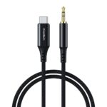 Juodas Audio kabelis Choetech AUX006 USB-C to 3.5mm su auksiniu 3.5 mm kištuku ir juodu krepšiniu kabeliu