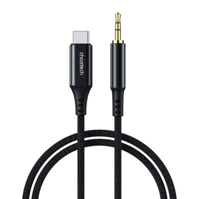 Juodas Audio kabelis Choetech AUX006 USB-C to 3.5mm su auksiniu 3.5 mm kištuku ir juodu krepšiniu kabeliu