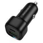 Juodas Borofone BZ34B automobilinis įkroviklis su USB-C ir USB-A portais, skirtas automobiliui