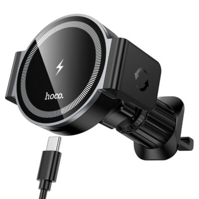 Juodas automobilinis laikiklis-ikroviklis HW35 MagSafe 15W su oro ventiliacijos tvirtinimu ir USB-C laidu