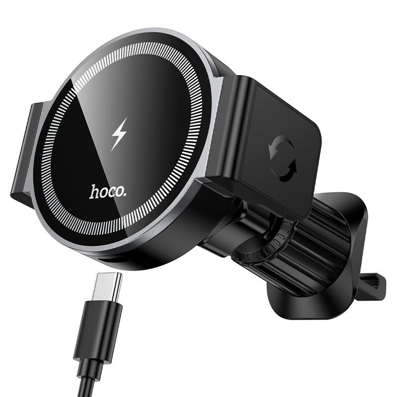Juodas Hoco HW35 MagSafe 15W automobilinis laikiklis Juodas automobilinis laikiklis-ikroviklis HW35 MagSafe 15W su oro ventiliacijos tvirtinimu ir USB-C laidu