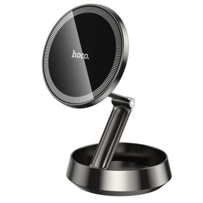 Juodas automobilinis telefono laikiklis Hoco H83 MagSafe montuojamas ant automobilio dashboard.