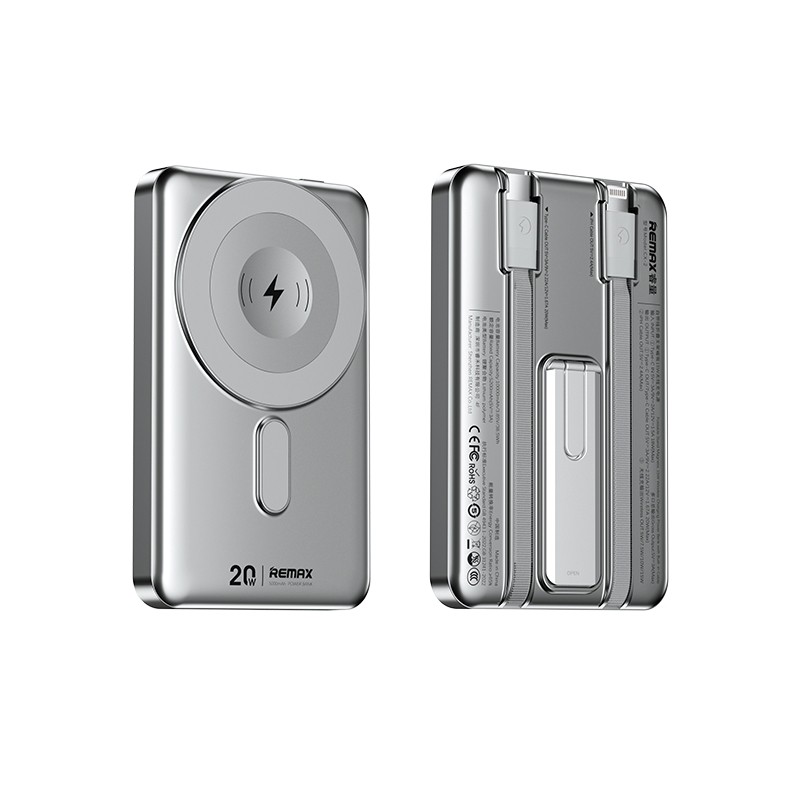 Power Bank Remax CX-2 15W MagSafe Pilka metaline isorine baterija su apskrito belaidzio ikrovimo plokstele ir ikrovimo mygtuku