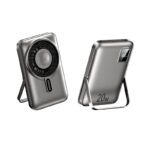 Pilka isorinė baterija Remax RPP-695, 15W MagSafe, 10000mAh, matoma iš dviejų kampų