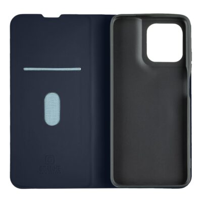 Juodas dėklas Motorola G57 Power atidarytas, matoma kortelių kišenė ir didelė kameros išpjova.