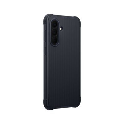 Juodas originalus dėklas Samsung Galaxy A57 su Rugged Cover EF-RA576CBE, matomas kameros apsaugos rėmas ir tekstūruotas paviršius