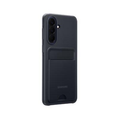 Juodas originalus deklas Samsung Galaxy A57 su korteliu skyriumi, matomas triju kameru modulis