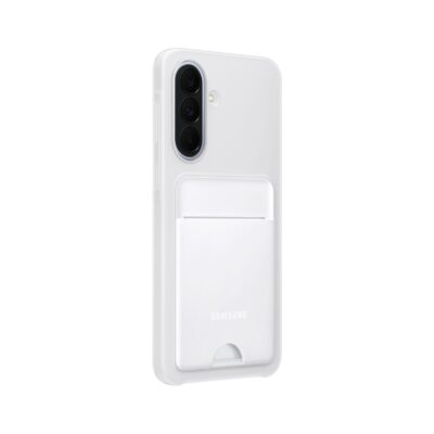Baltas originalus deklas Samsung Galaxy A37 EF-OA376TJE Card Slot Cover, matomas triju kameru modulis ir korteliu skyrelis.