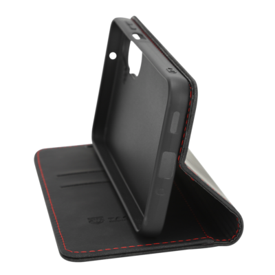 Juodas atverciamas deklas Tactical Xproof telefonui Samsung Galaxy A27 5G, matoma raudona siuvimo linija kraštuose.