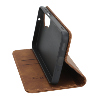 Rudas atverčiamas dėklas Tactical Xproof telefonui Samsung Galaxy A27 5G, matomas rudai odinis išorinis dangtelis ir juodas vidinis korpusas