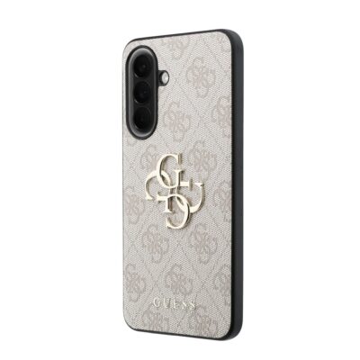 Rausvas originalus dėklas Guess PU 4G Metal Logo telefonui Samsung Galaxy A57 su monograminiu raštu ir aukso logotipu