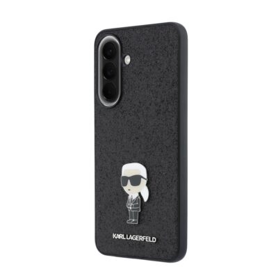Juodas blizgantis Karl Lagerfeld dėklas su Ikonik figūra ir užrašu Samsung Galaxy A57