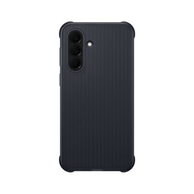 Juodas originalus dėklas Samsung Galaxy A37 Rugged Cover EF-RA376CBE su trimis kamerų objektyvais.
