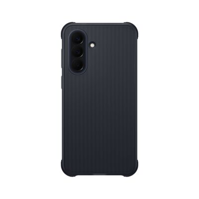 Juodas originalus dėklas Samsung Galaxy A57 Rugged Cover EF-RA576CBE, matomas tvirtas kampų dizainas.