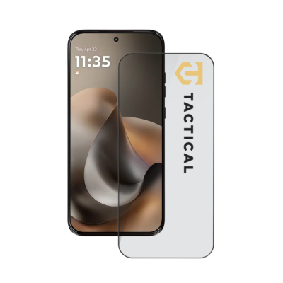Juodas apsauginis ekrano stikliukas Motorola Moto G77 Tactical Glass Shield 5D matomas priekiniame plane.