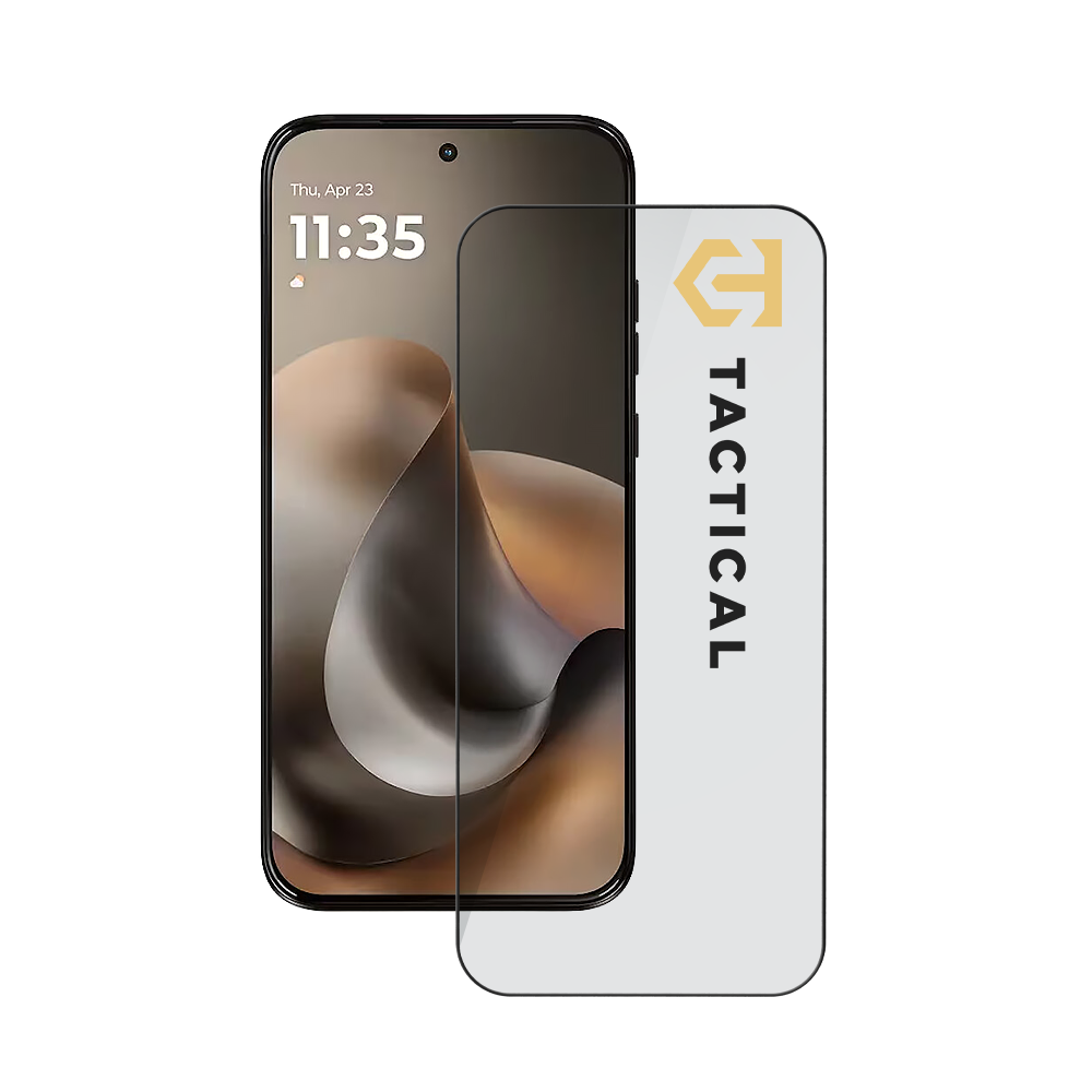 Juodas apsauginis stikliukas Motorola Moto G77 Tactical Glass Shield 5D Juodas apsauginis ekrano stikliukas Motorola Moto G77 Tactical Glass Shield 5D matomas priekiniame plane.