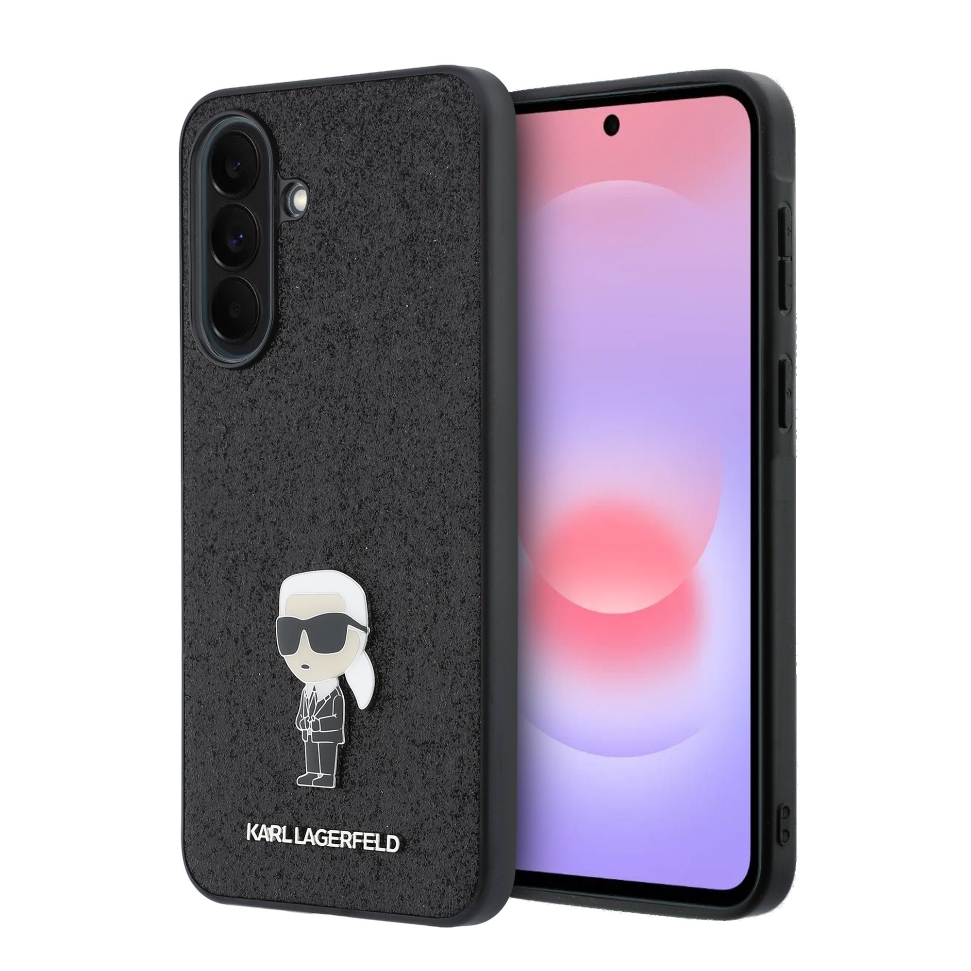 Juodas blizgantis deklas Karl Lagerfeld Fixed Glitter Metal Ikonik Samsung Galaxy A37 Juodas blizgantis deklas Karl Lagerfeld Ikonik su glitter pavirsu Samsung Galaxy A37