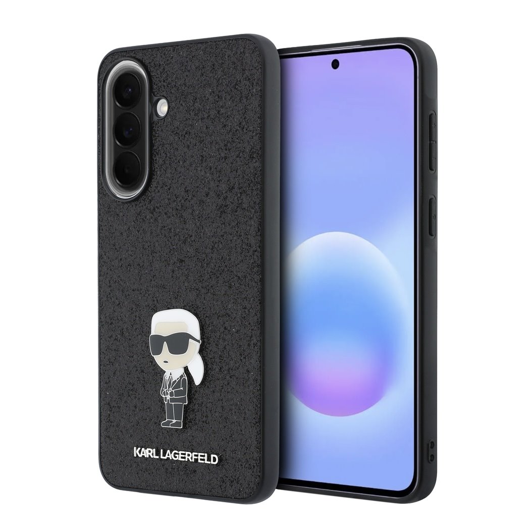 Juodas blizgantis originalus dėklas Karl Lagerfeld Fixed Glitter Metal Ikonik telefonui Samsung Galaxy A57 Juodas blizgantis Karl Lagerfeld dėklas Samsung Galaxy A57 su Karl Lagerfeld figūrele