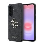 Pilkas tekstuotas telefono deklas su metaliniu Guess logotipu ir kameros moduliu