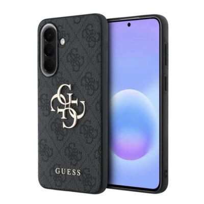 Pilkas Guess PU deklas su metaliniu logotipu skirtas Samsung Galaxy A57 telefonui