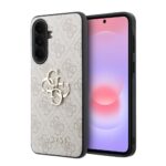 Šviesiai aukso spalvos dėklas su monograma ir GUESS logotipu, juodomis kraštinėmis, skirtas Samsung Galaxy A37