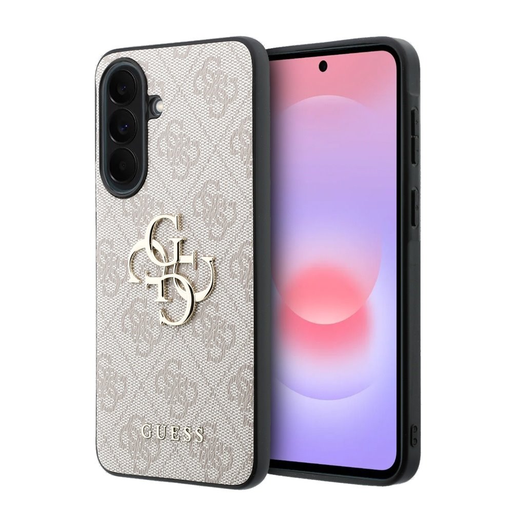 Guess PU 4G Metal Logo dėklas Samsung Galaxy A37 Šviesiai aukso spalvos dėklas su monograma ir GUESS logotipu, juodomis kraštinėmis, skirtas Samsung Galaxy A37