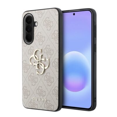 Beige spalvos Guess PU deklas telefonui Samsung Galaxy A57 su metaliniu logotipu