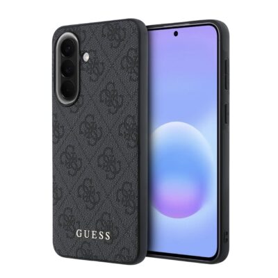 Pilko spalvos dėklas Guess PU su metaliniu logotipo raštu, suderintas su Samsung Galaxy A57 telefonui.