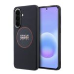 Tamsiai mėlynas dėklas Samsung Galaxy A57 su Red Bull PU Leather Red Ring MagSafe, matomas tekstūruotas paviršius.