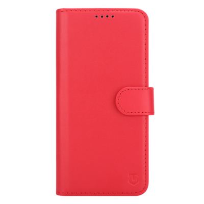 Raudonas atverčiamas dėklas Tactical Field Notes telefonui Samsung Galaxy A27 5G, matoma užsegimo juostelė ir viršuje esančios mažos skylutės.