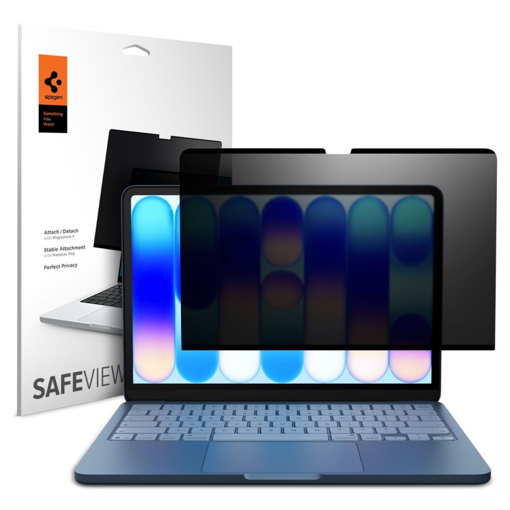 Apsauginė privatumo ekrano plėvelė MACBOOK NEO 13 2026 SPIGEN SAFE VIEW PRIVACY Apsauginė privatumo ekrano plėvelė MACBOOK NEO 13 2026 ant atidaryto mėlyno nešiojamo kompiuterio ekrano