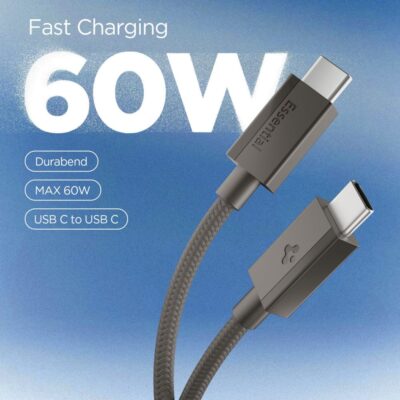 Pilkas kabelis SPIGEN EB6015CC ESSENTIAL TYPE-C CABLE 60W 150CM su USB-C jungtimis ir tvirtinimu