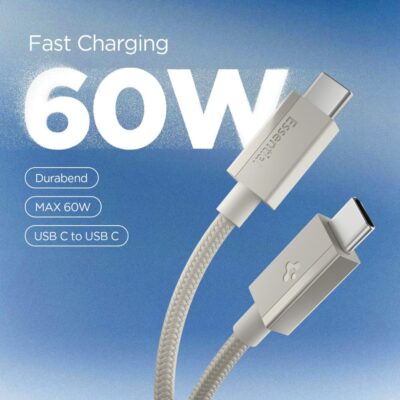 Titano spalvos kabelis SPIGEN EB6015CC Essential Type-C Cable su nailono tinkleliu ir 60W greituoju įkrovimu