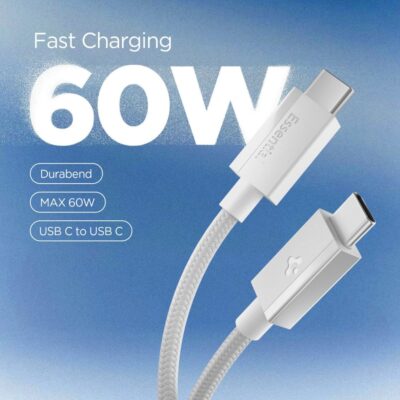 Baltas kabelis SPIGEN EB6015CC Essential Type-C Cable 60W su USB-C jungtimis ir patvariu austu paviršiumi
