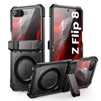 Juodas dėklas Samsung Galaxy Z Flip 8 Supcase UB Grip Mag Magsafe su stoveliu ir magnetiniu laikikliu