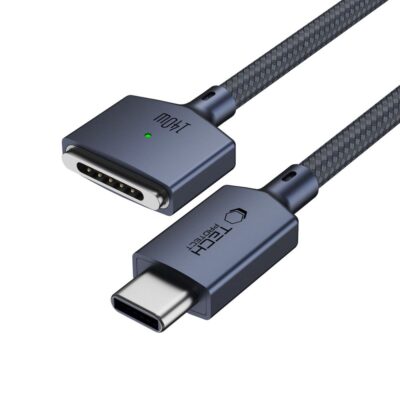 Tamsiai mėlynas laidas pakrovimo TECH-PROTECT MMC01 ULTRABOOST MAGNETIC MACBOOK CABLE TYPE-C TO MAGSAFE 3 140W 200CM su metaliniais jungtimis ir tvirtinimu