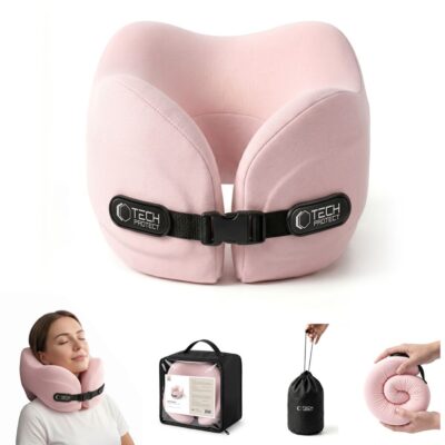 Rausva kelioninė pagalvėlė TECH-PROTECT COMFORTREST TRAVEL NECK su užsegimu ir pamušalu