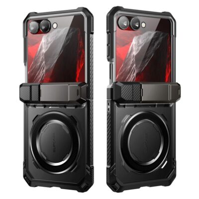 Juodas dėklas Samsung Galaxy Z Flip 8 Supcase UB Grip Mag Magsafe su pasukamu laikikliu ir magnetiniu pagrindu