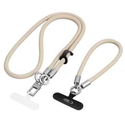 Beige-titano spalvos TECH-PROTECT C10S ROPE CROSSBODY & WRIST dirželis su metaliniais kabliukais