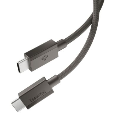 Pilkas kabelis SPIGEN EB6015CC ESSENTIAL TYPE-C CABLE su metaliniais USB-C jungtimis ir pynėta izoliacija