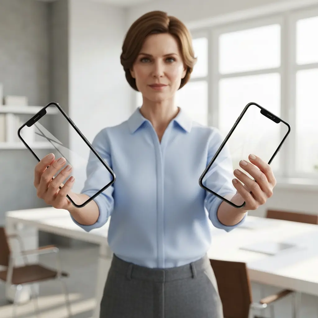 Žmogus laiko skirtingus iPhone apsauginius stiklus