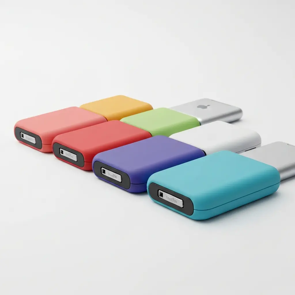 Skirtingos spalvos Magsafe dėklai ant balto fono