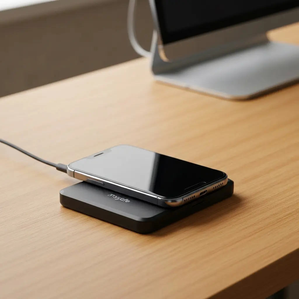 Magsafe belaidis kroviklis telefonui ant medinio stalo