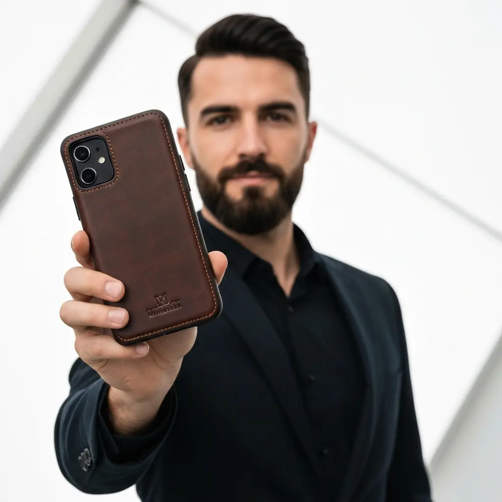 Vyriškas prabangus telefono dėklas rankose